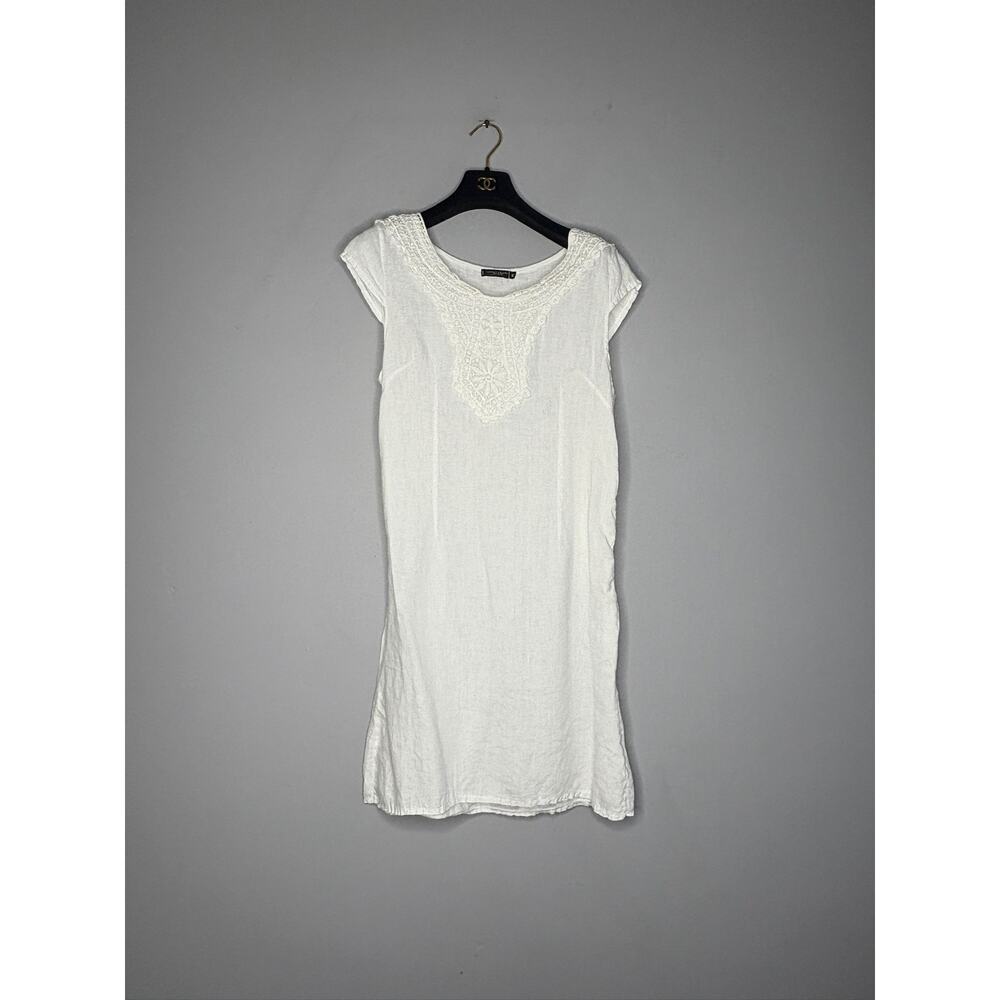 Lungo L'Arno White Linen Lace Front Cap Sleeve Shift Dress Women's M